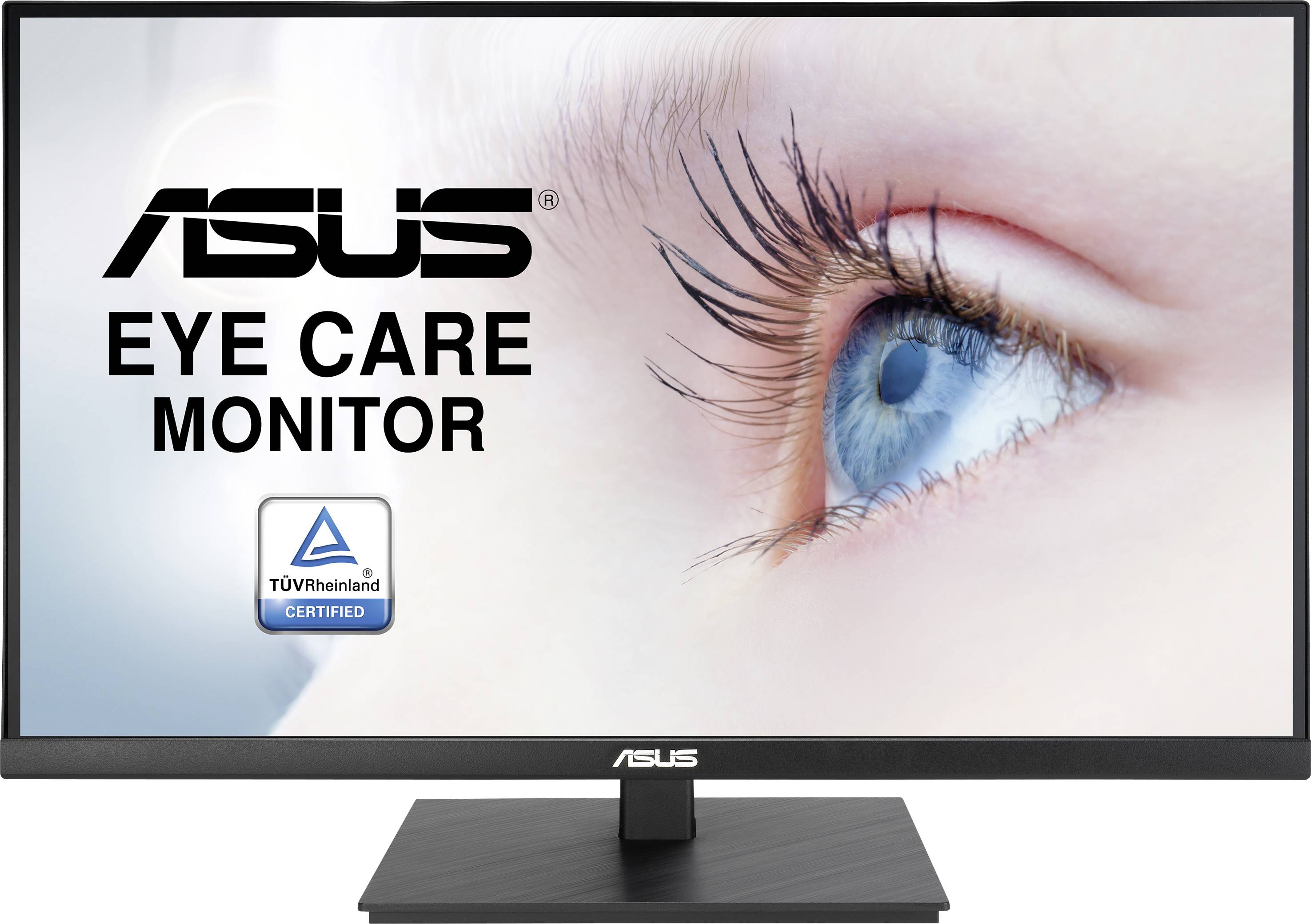 Image of an ASUS Eye-Care monitor. Close-up of a blue eye, TÜV-certified for eye-friendly features.