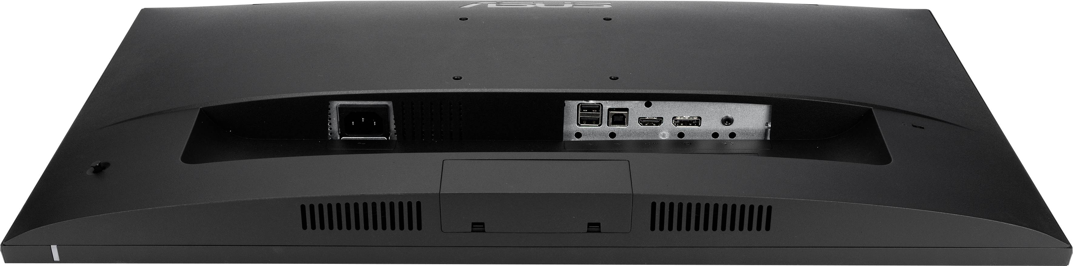 Back of a black monitor with ports and ventilation slots. Power supply, HDMI, and USB ports are visible.