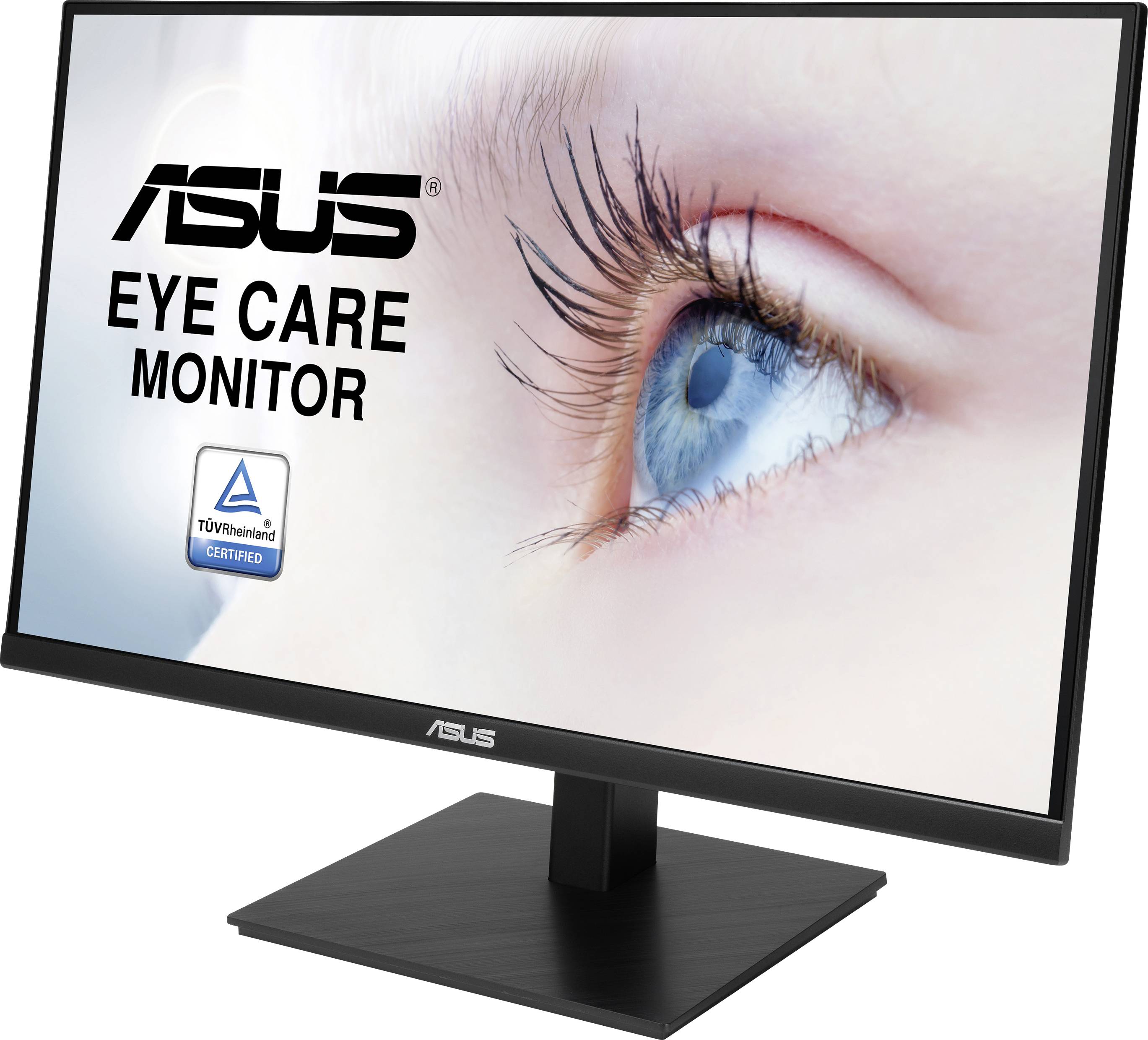ASUS Monitor with Eye Care Technology, TÜV Rheinland certified. Displays blue eye icon on screen for eye-friendliness.