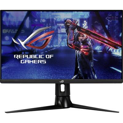 Gaming monitor with lighting effects, 'Republic of Gamers' logo and futuristic cityscape background at night.