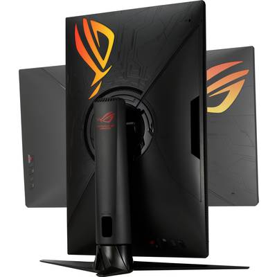 Two black gaming monitors with glowing red and yellow logos on the back, displaying a futuristic design.
