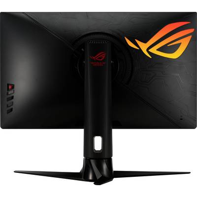 A black gaming monitor from behind with a red and yellow ROG logo in the top right corner.
