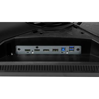 The illustration shows the rear of a monitor with various ports: two HDMI, one DisplayPort, one USB-C, and three USB ports.