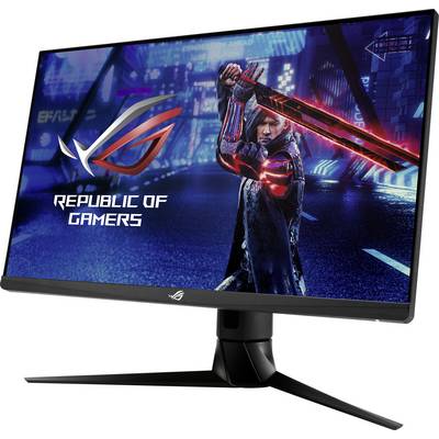 A computer screen displays a futuristic scene with a character wielding a large sword. Beneath it is the 'Republic of Gamers' logo.