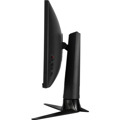Side view of a black computer monitor with a slim bezel, large stand, and visible control buttons on the side.