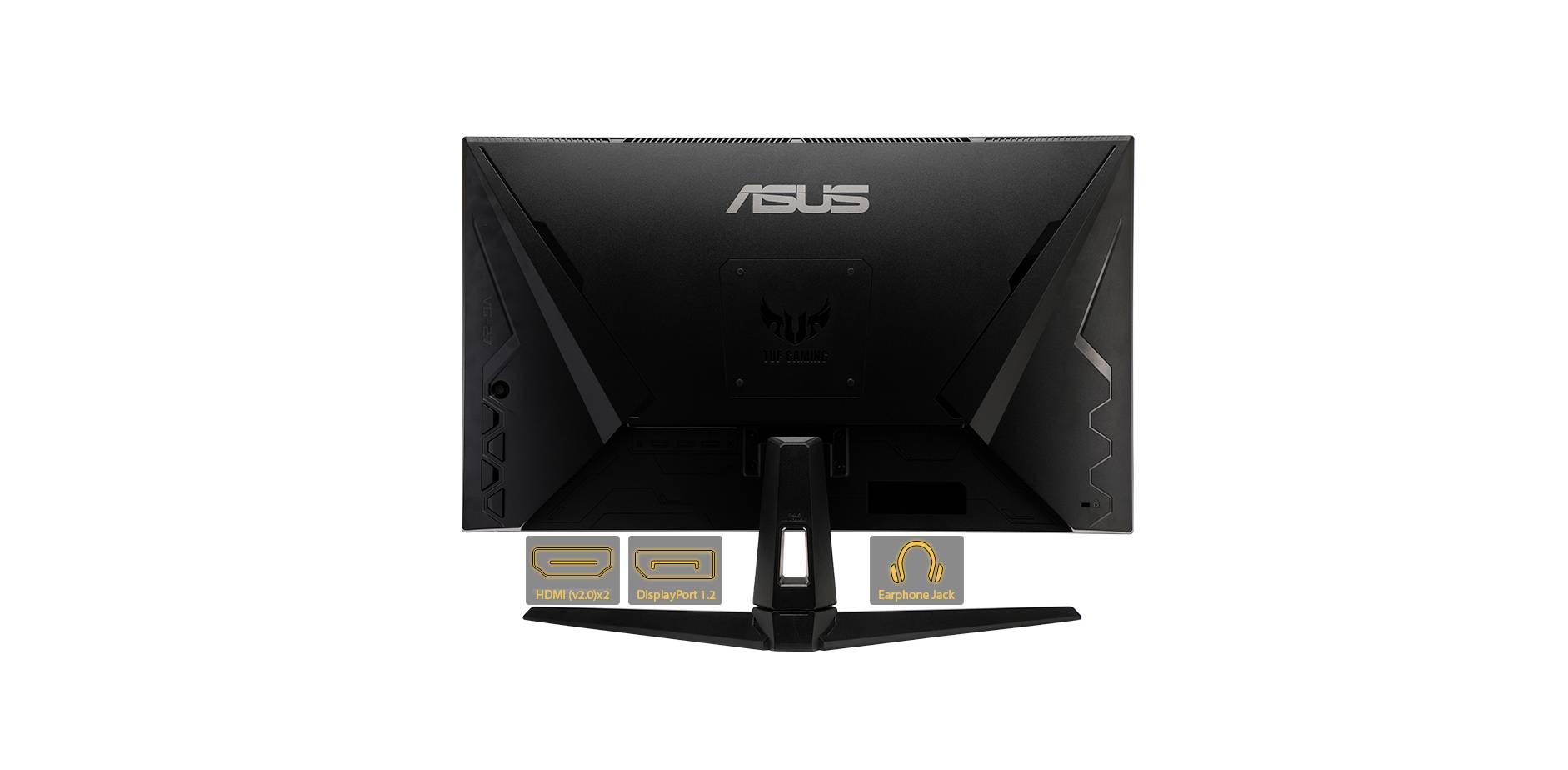 A monitor from the rear of ASUS showing HDMI and DisplayPort connections, along with a headphone socket.