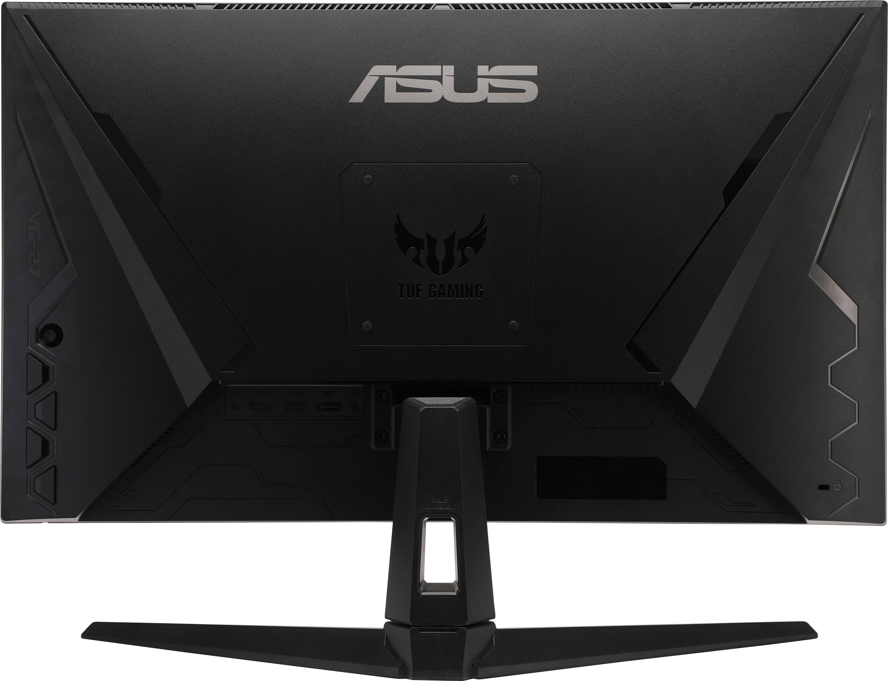 Rear view of a black computer monitor with the ASUS TUF Gaming logo.