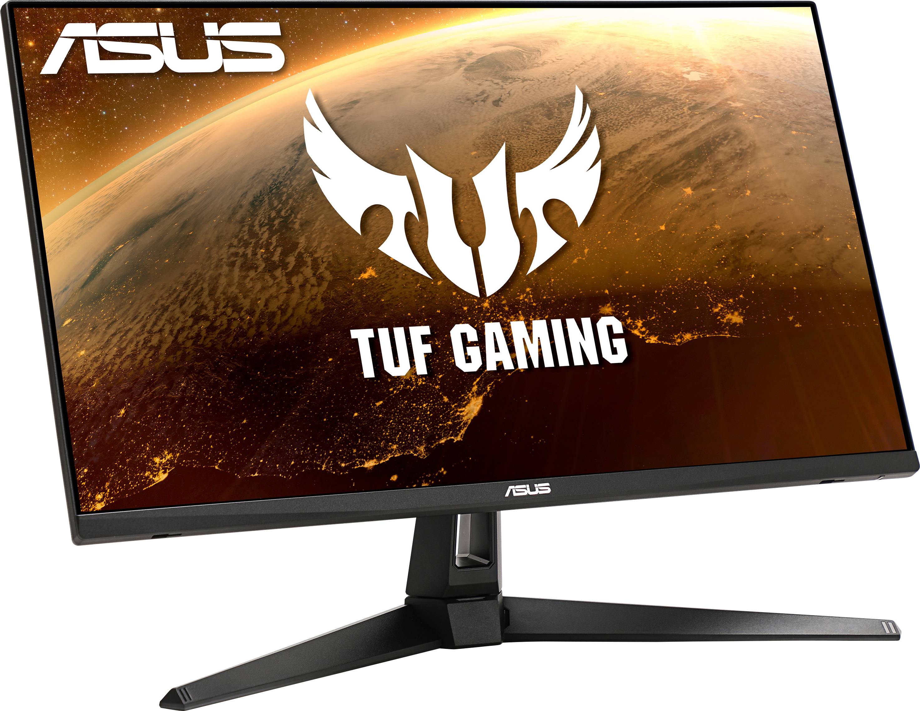 'ASUS TUF Gaming Monitor' displays the Earth from space. Subtle orange colour scheme. Suitable for gaming with high-quality screen.