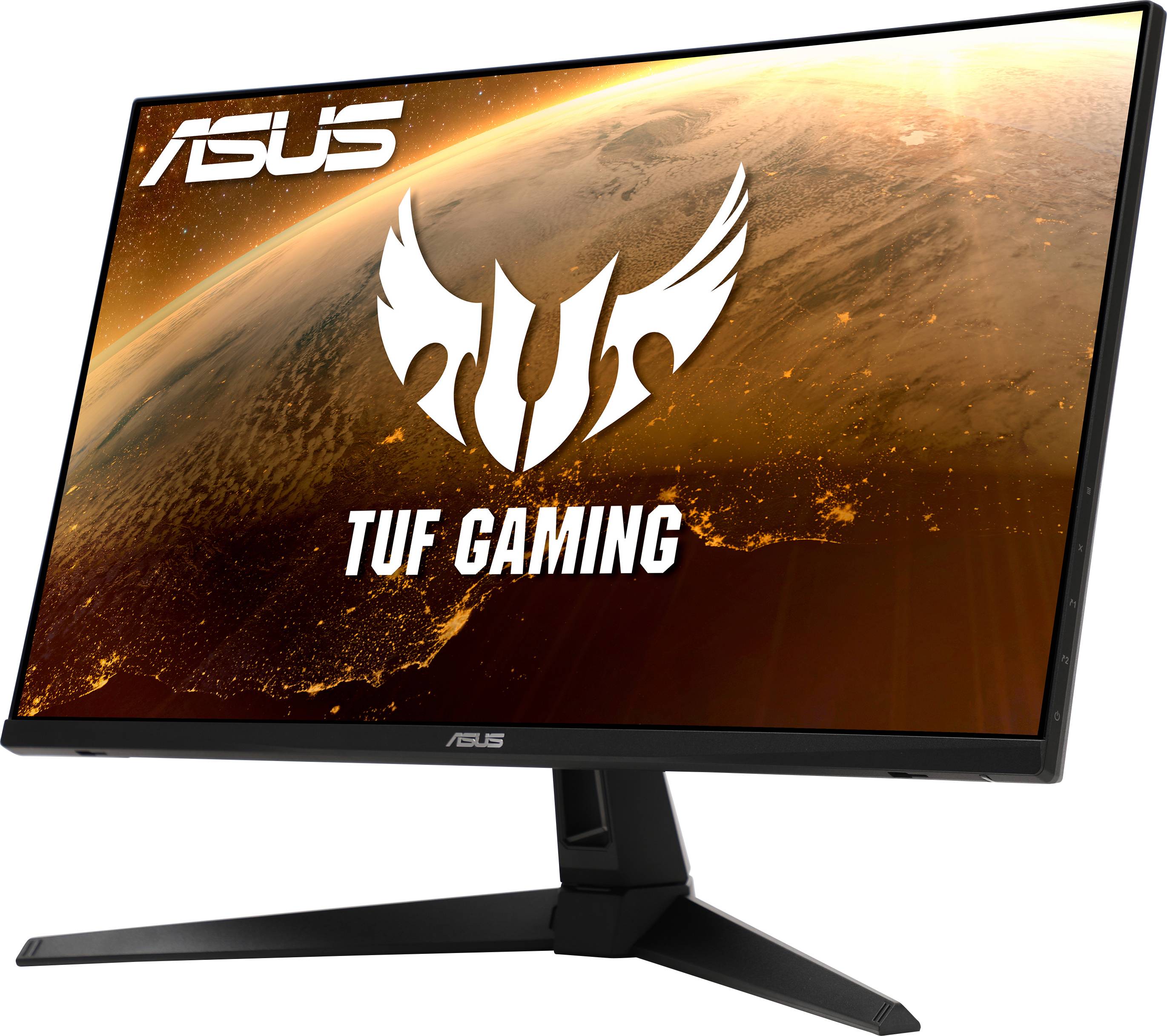An ASUS TUF Gaming monitor is positioned at an angle from the side. A space background with the TUF Gaming logo is displayed on the screen.