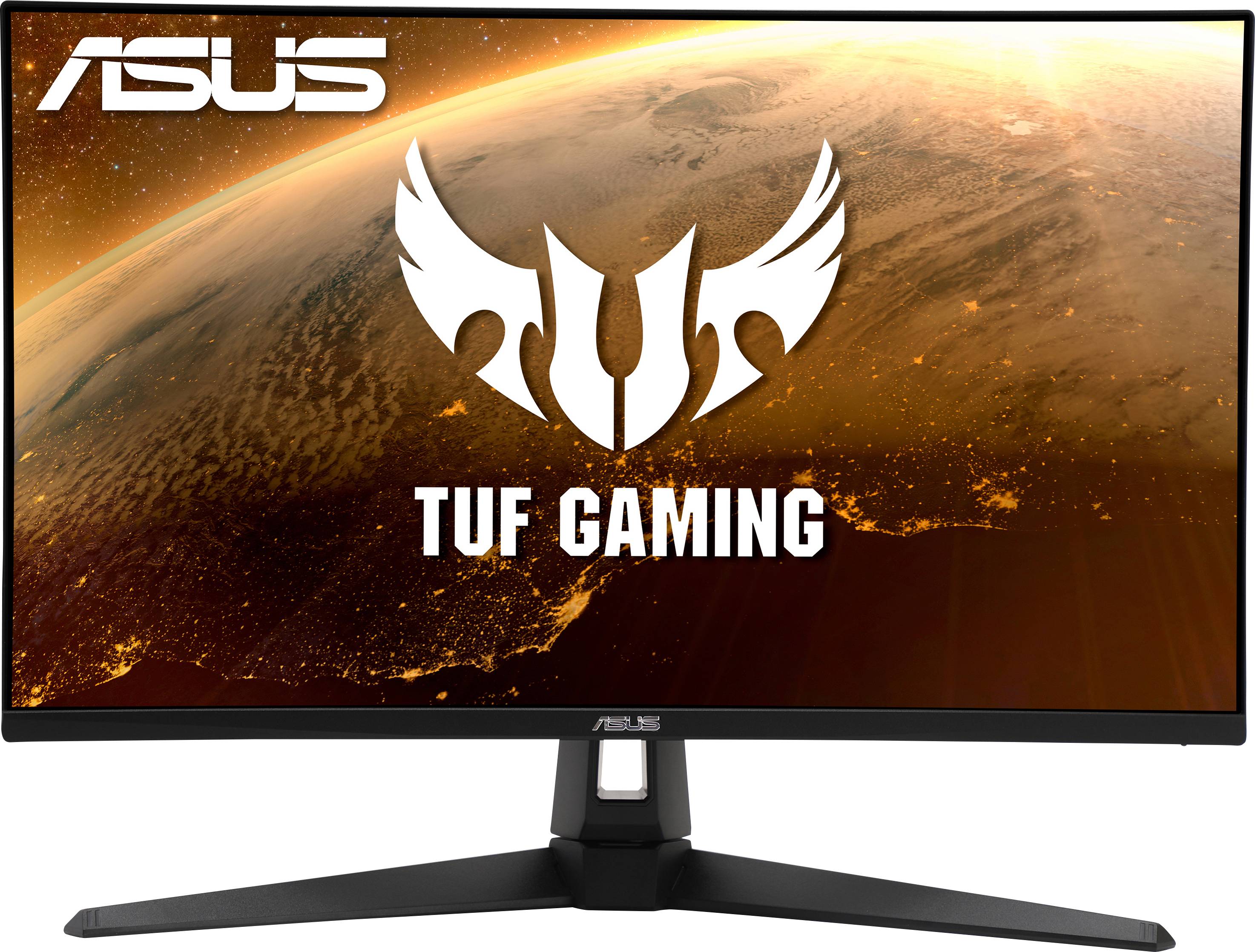 A gaming monitor with a large ASUS logo and the 'TUF Gaming' text in front of a planetary background in space.