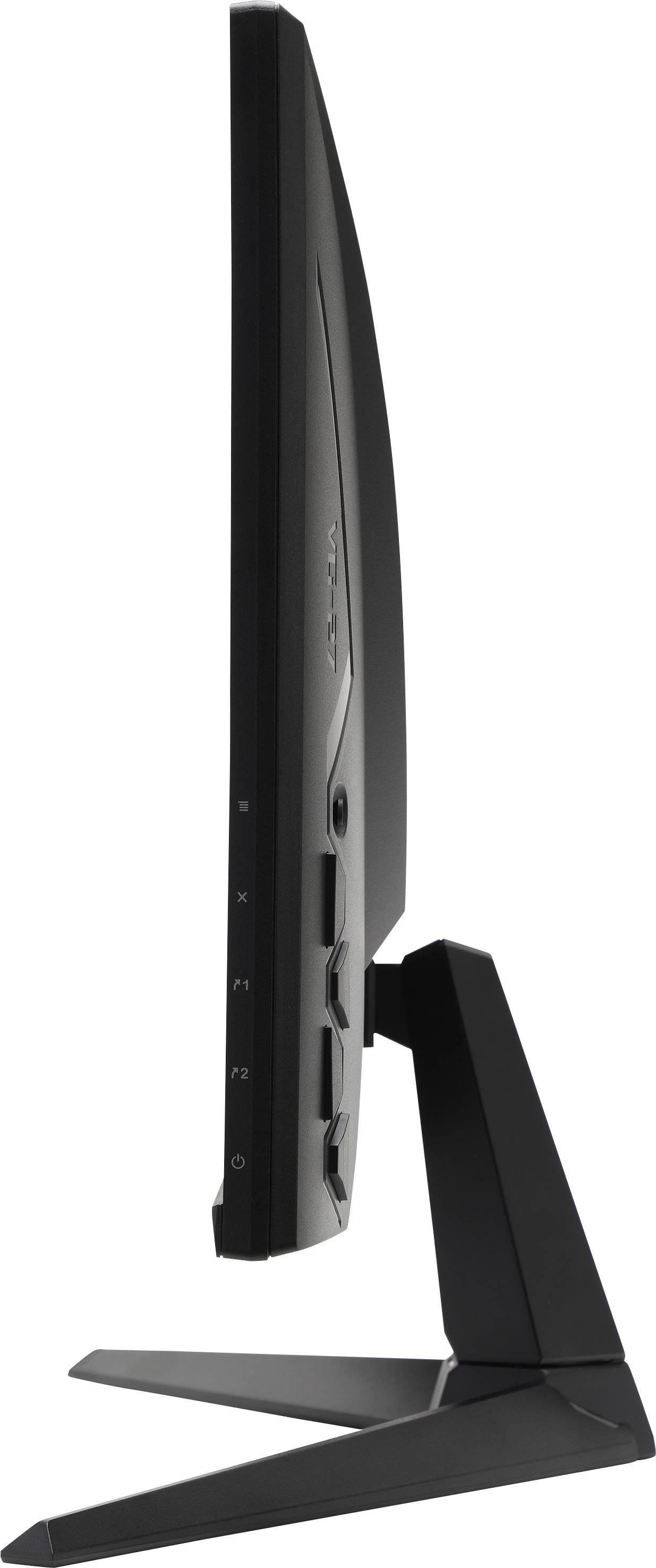 Flat computer monitor viewed from the side, showing sleek design and buttons on the right side of the frame.