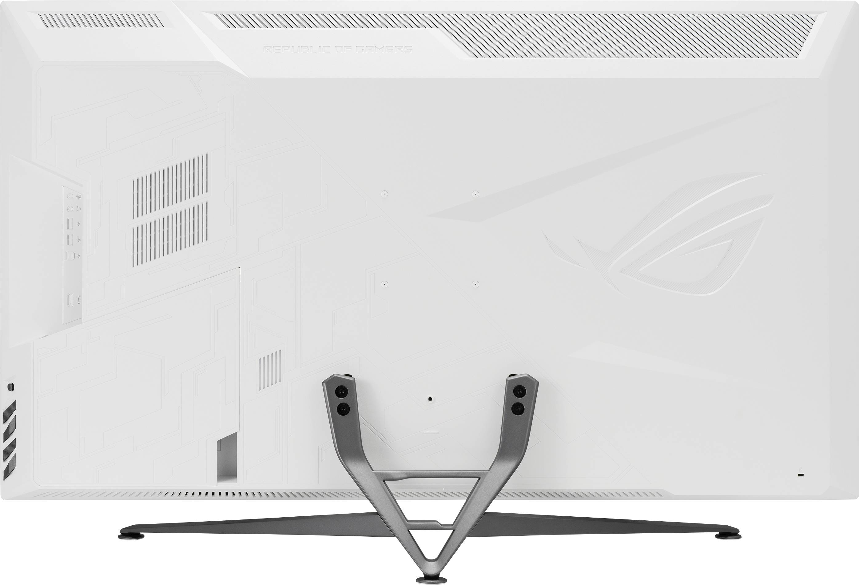 Rear view of a white computer monitor with a sturdy, black stand.