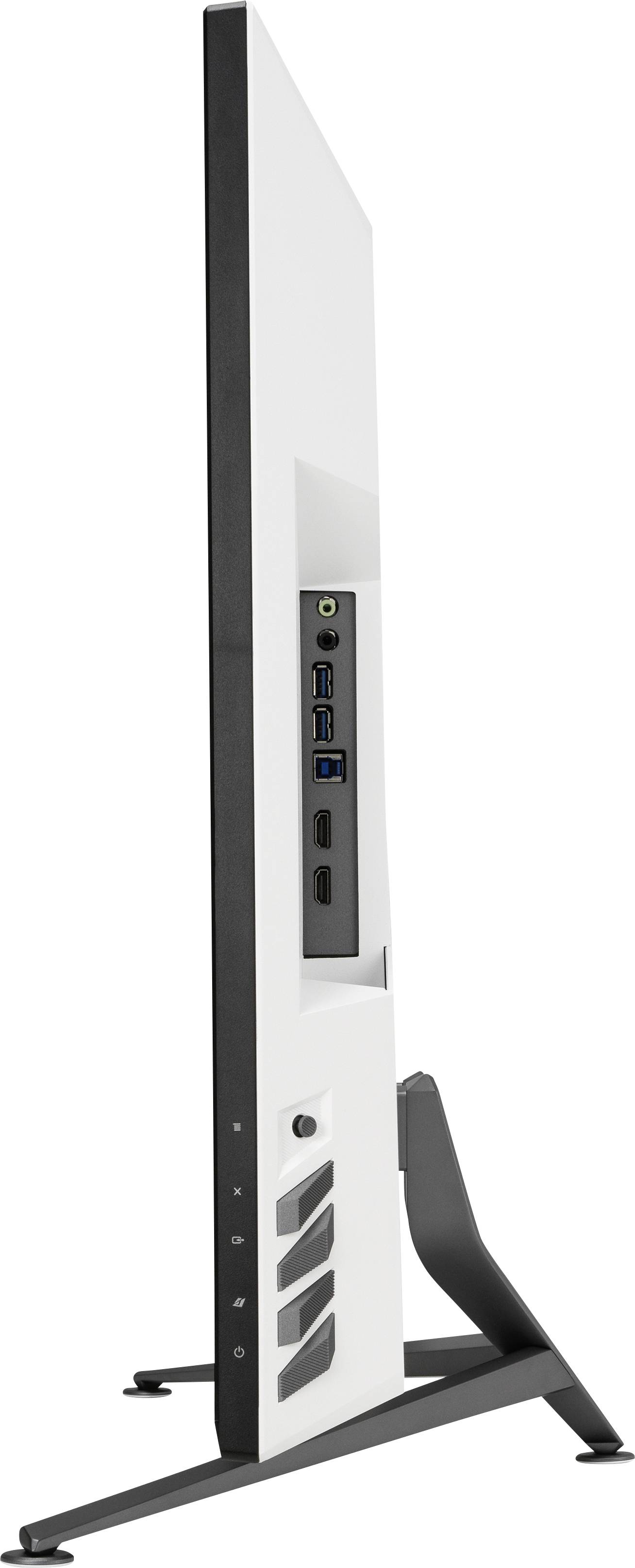 Side view of a slim, white computer monitor with black accents, mounted on a black stand. Multiple ports visible at the rear.