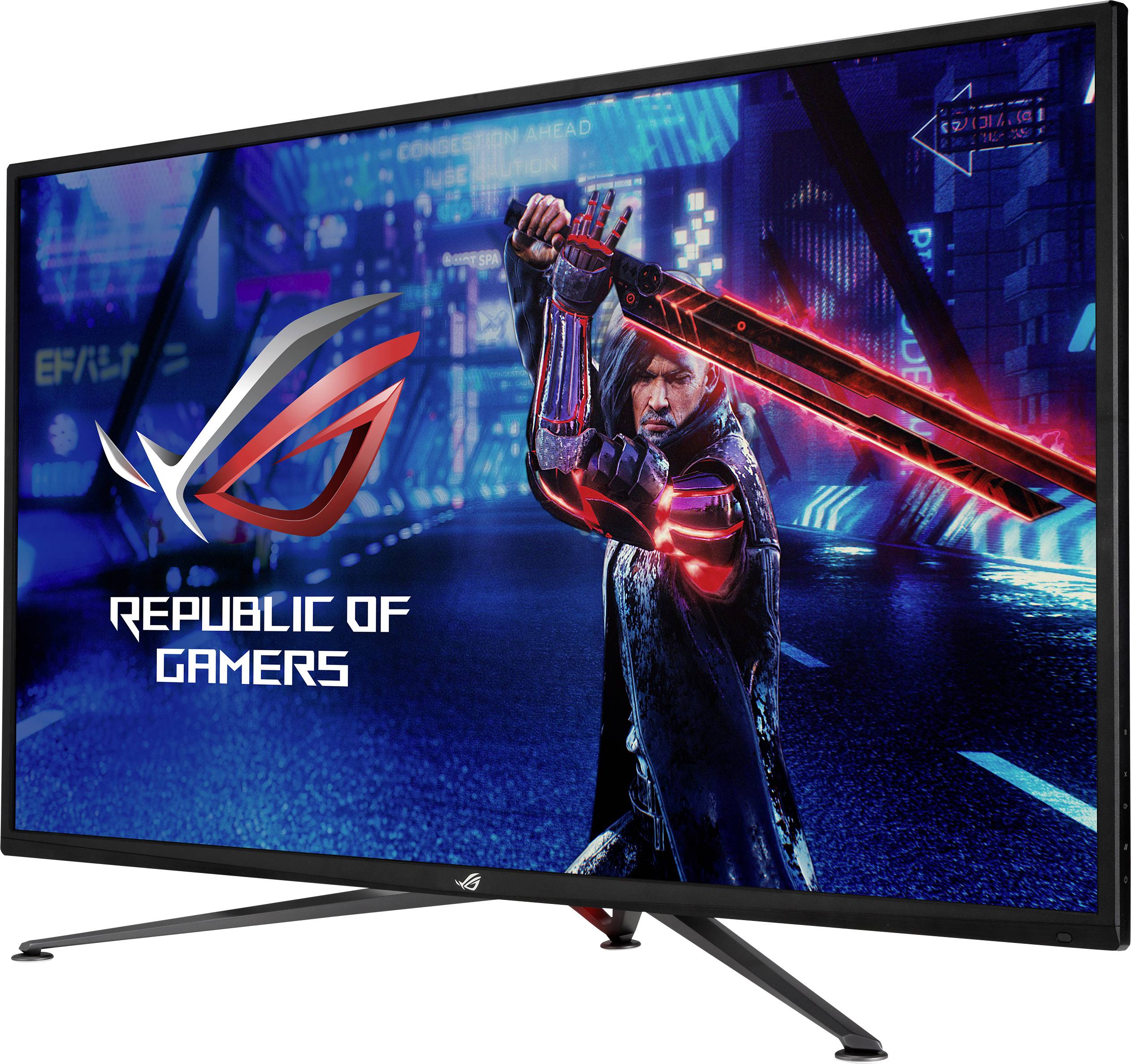 Gaming monitor displaying a futuristic warrior with a glowing sword in an urban landscape. 'Republic of Gamers' logo visible.