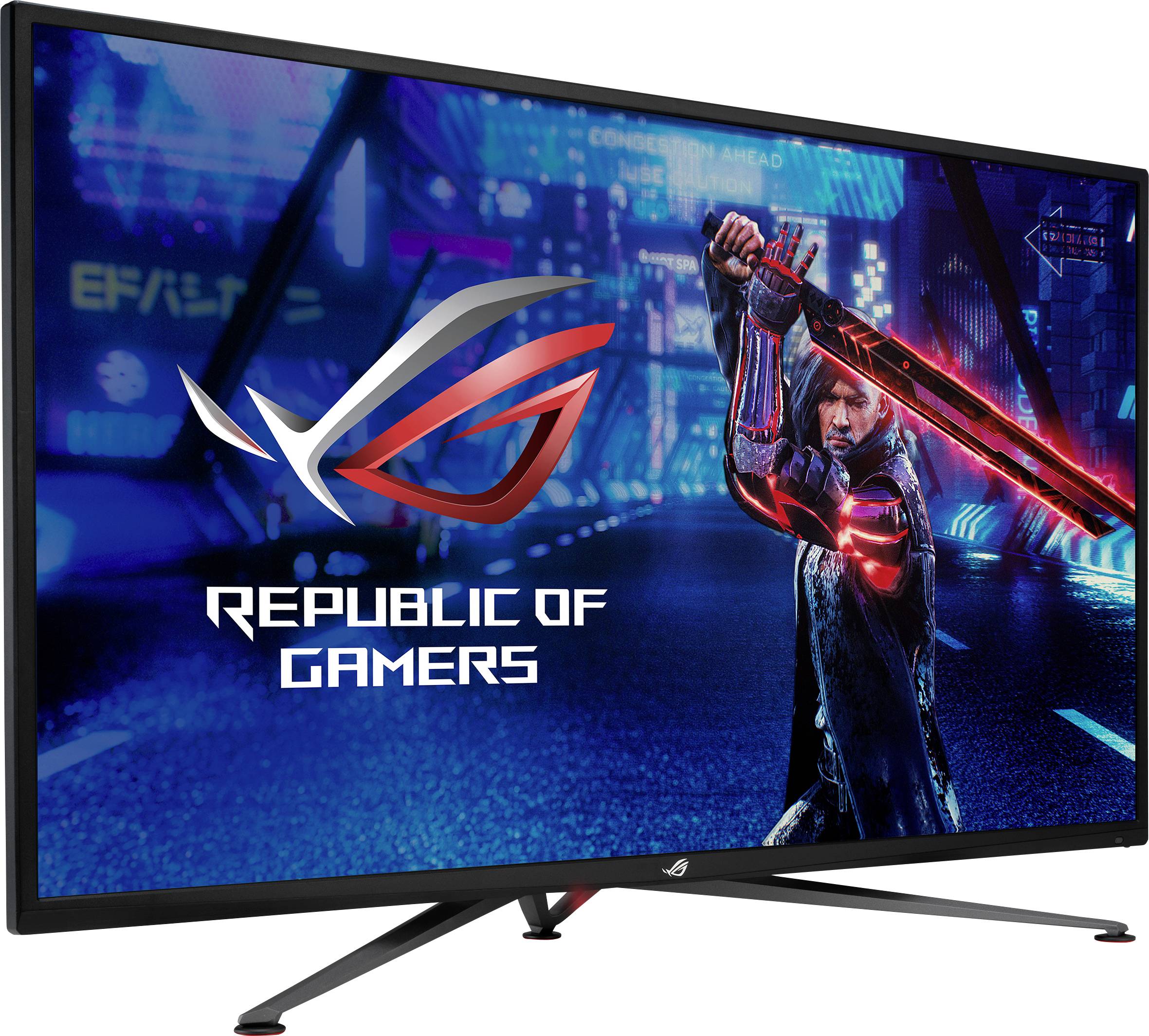 A monitor displays the 'Republic of Gamers' logo with a sword fighter in a futuristic urban setting.