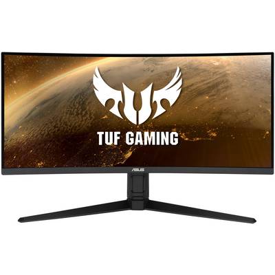 An ultra-wide curved gaming monitor by ASUS with 'TUF Gaming' lettering and a logo on a space background.