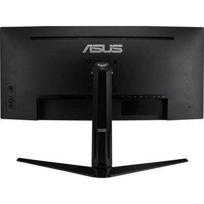 A black Asus monitor viewed from behind, mounted on a stand.