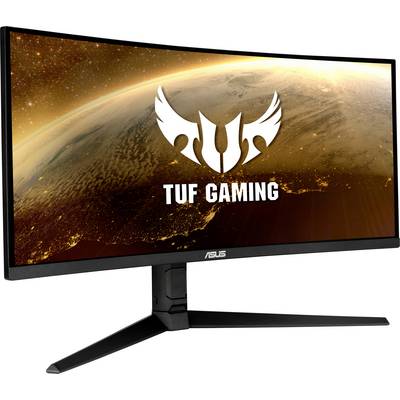 A Kurviger ASUS Gaming Monitor with the 'TUF GAMING' logo, displaying a space image with an Earth in warm colours.