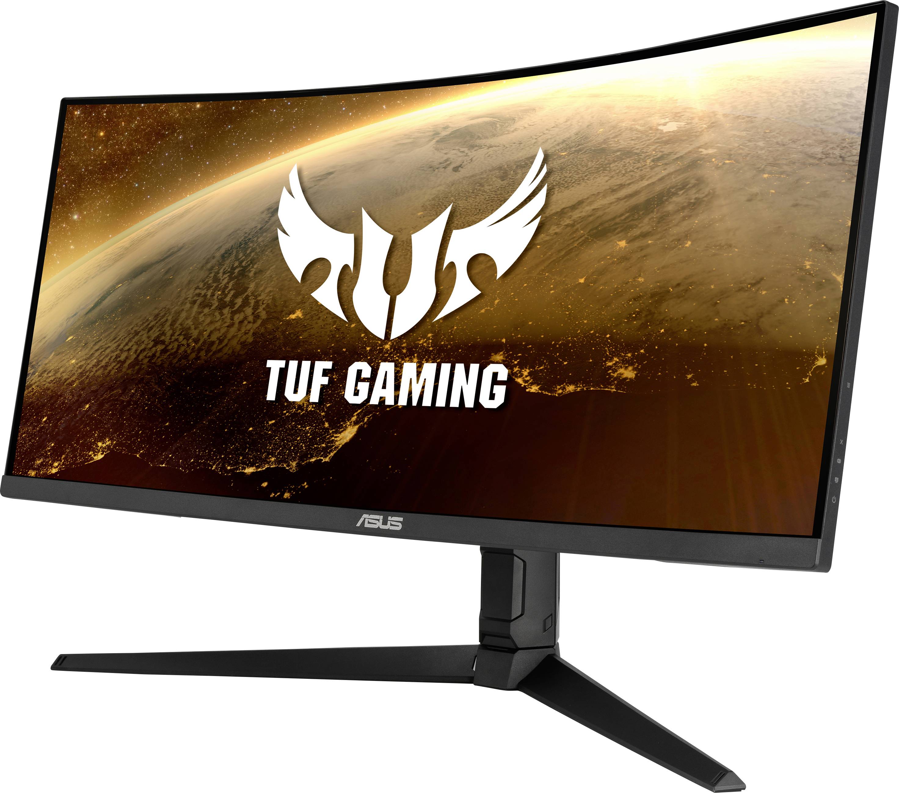 ASUS TUF Gaming Monitor against a space background. The curved display shows Earth from space with glowing city lights.