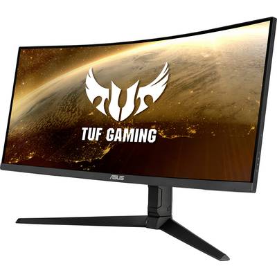 ASUS TUF Gaming Monitor against a space background. The curved display shows Earth from space with glowing city lights.