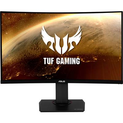 An ASUS TUF Gaming monitor with a curved display shows an image of the Earth from space, overlaid with the TUF logo.
