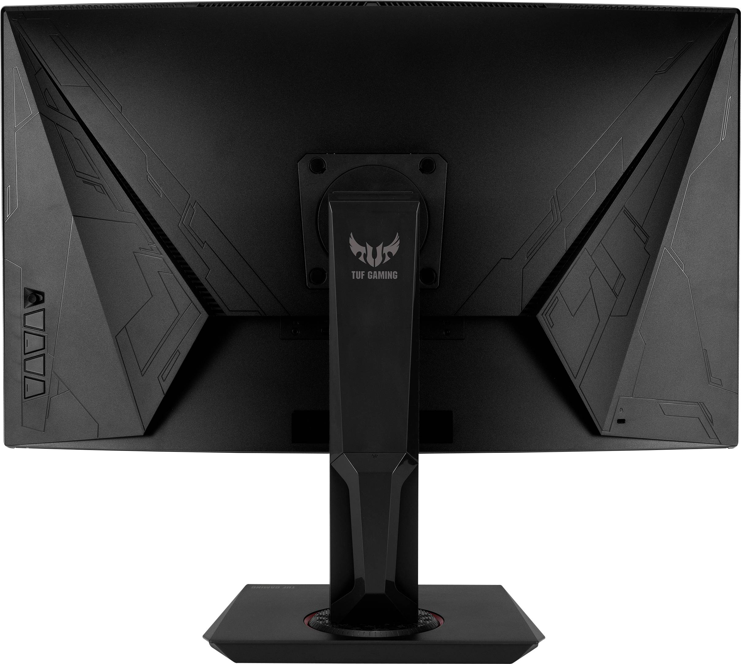A gaming monitor viewed from behind. Dark grey casing with subtle patterns and a sturdy stand.