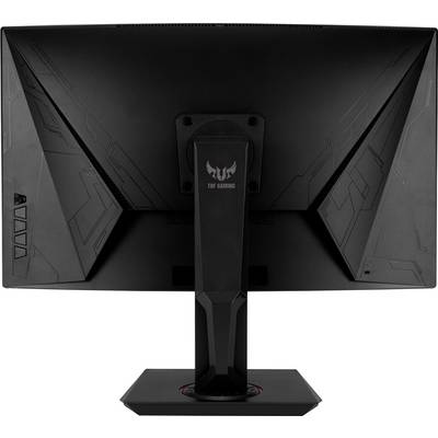 A gaming monitor viewed from behind. Dark grey casing with subtle patterns and a sturdy stand.