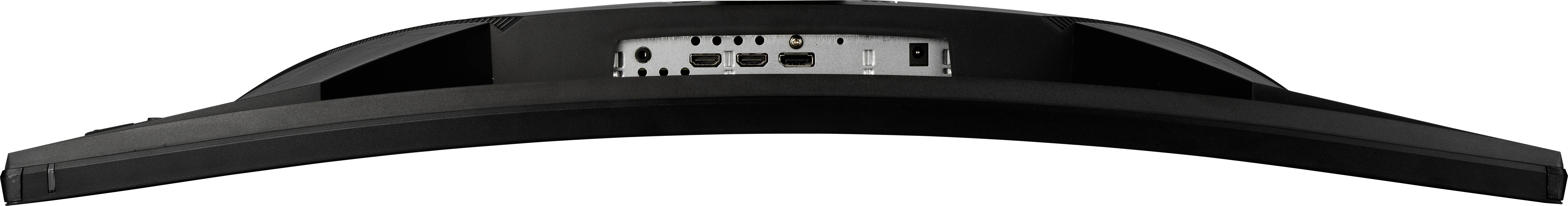 Rear view of a curved computer monitor with multiple connection ports, including HDMI, DisplayPort, and USB.