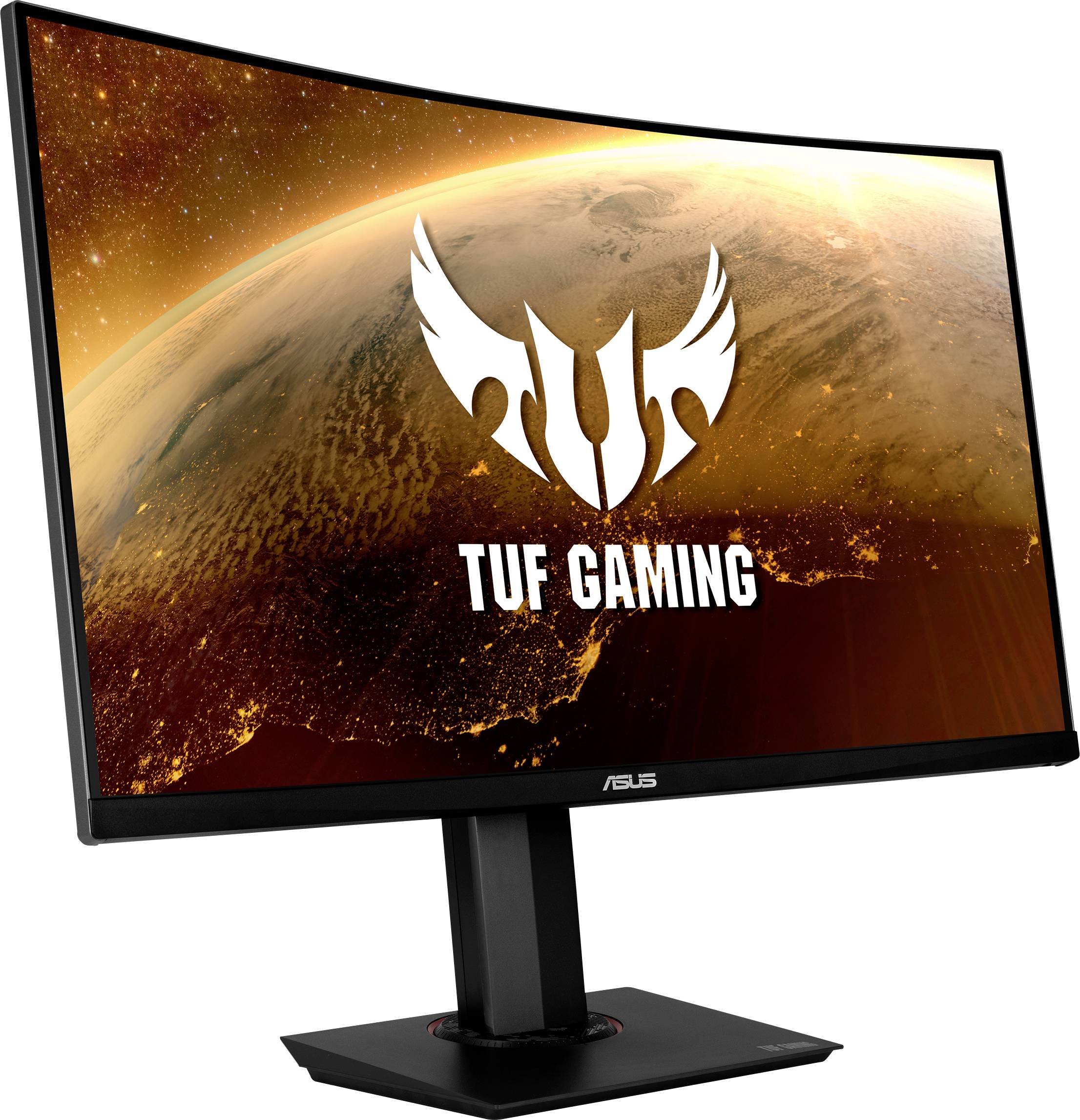Curved ASUS TUF Gaming Monitor, displaying a cosmic image with the 'TUF Gaming' logo, symbolising an immersive gaming experience.
