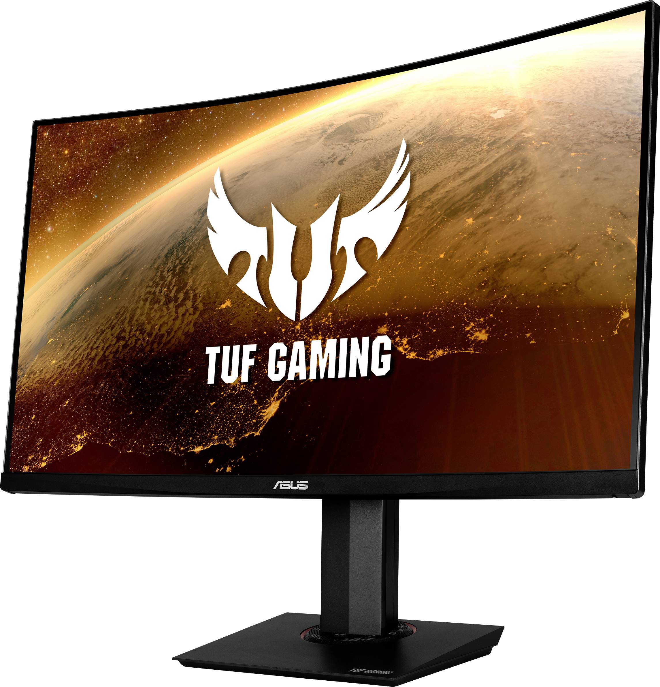 'Curved gaming monitor with ASUS TUF Gaming logo against a space background, showcasing strength and advanced design.'