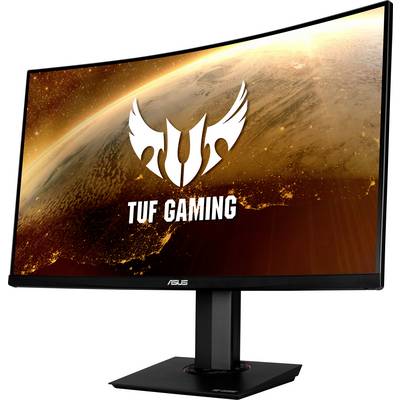 'Curved gaming monitor with ASUS TUF Gaming logo against a space background, showcasing strength and advanced design.'