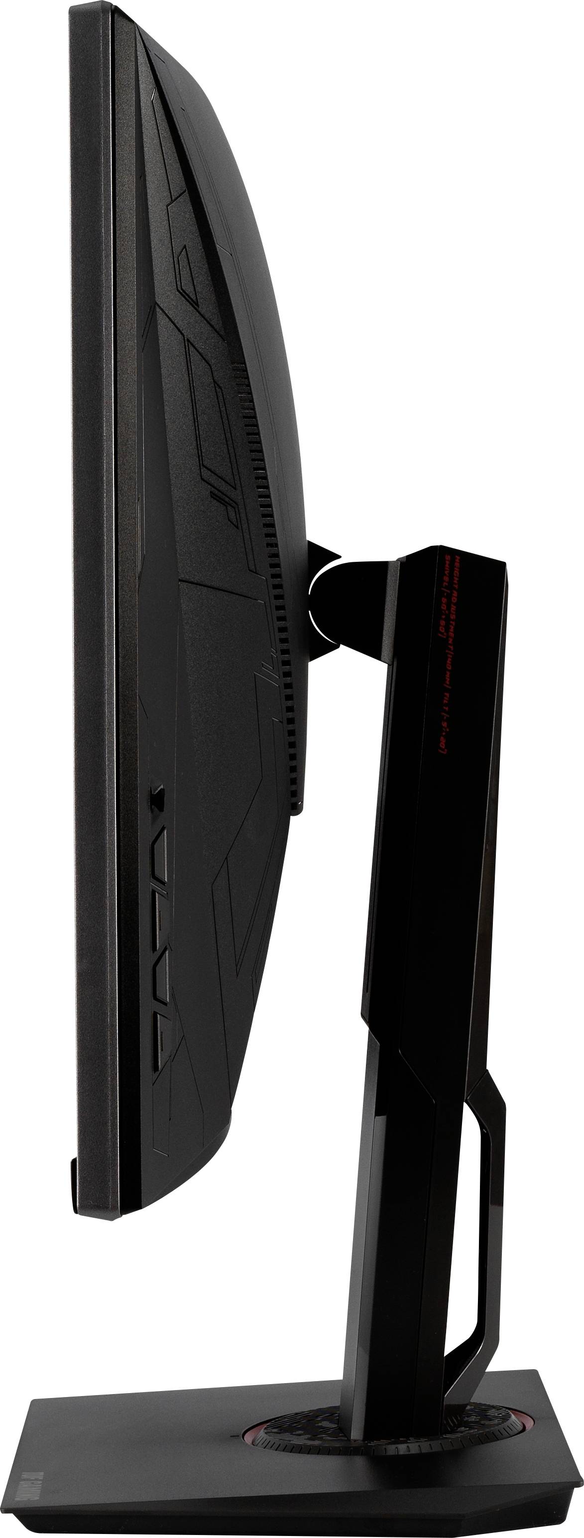 Side view of a black computer monitor on a stand. The slim design and back are visible.