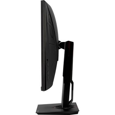 Side view of a black computer monitor on a stand. The slim design and back are visible.