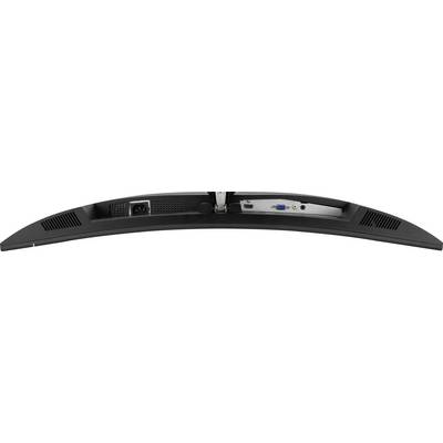 Rear view of a curved monitor with power, VGA, and HDMI connections. Ventilation slots are visible on the left and right sides.