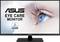 An ASUS monitor with the inscription 'EYE CARE MONITOR', showing a close-up of an eye. TÜV Rheinland certified.