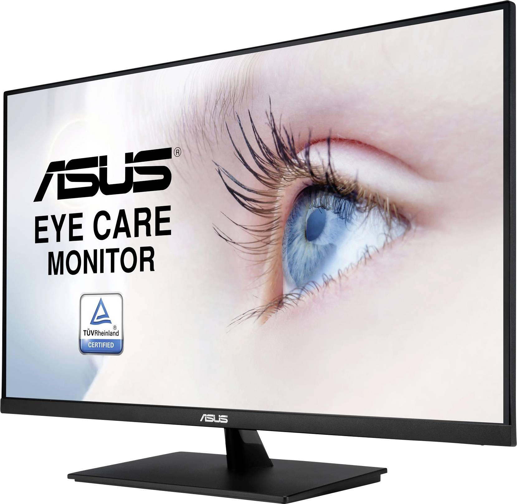 ASUS monitor with large screen and slim bezel. Image shows an eye next to the text 'ASUS Eye Care Monitor' and TÜV logo.