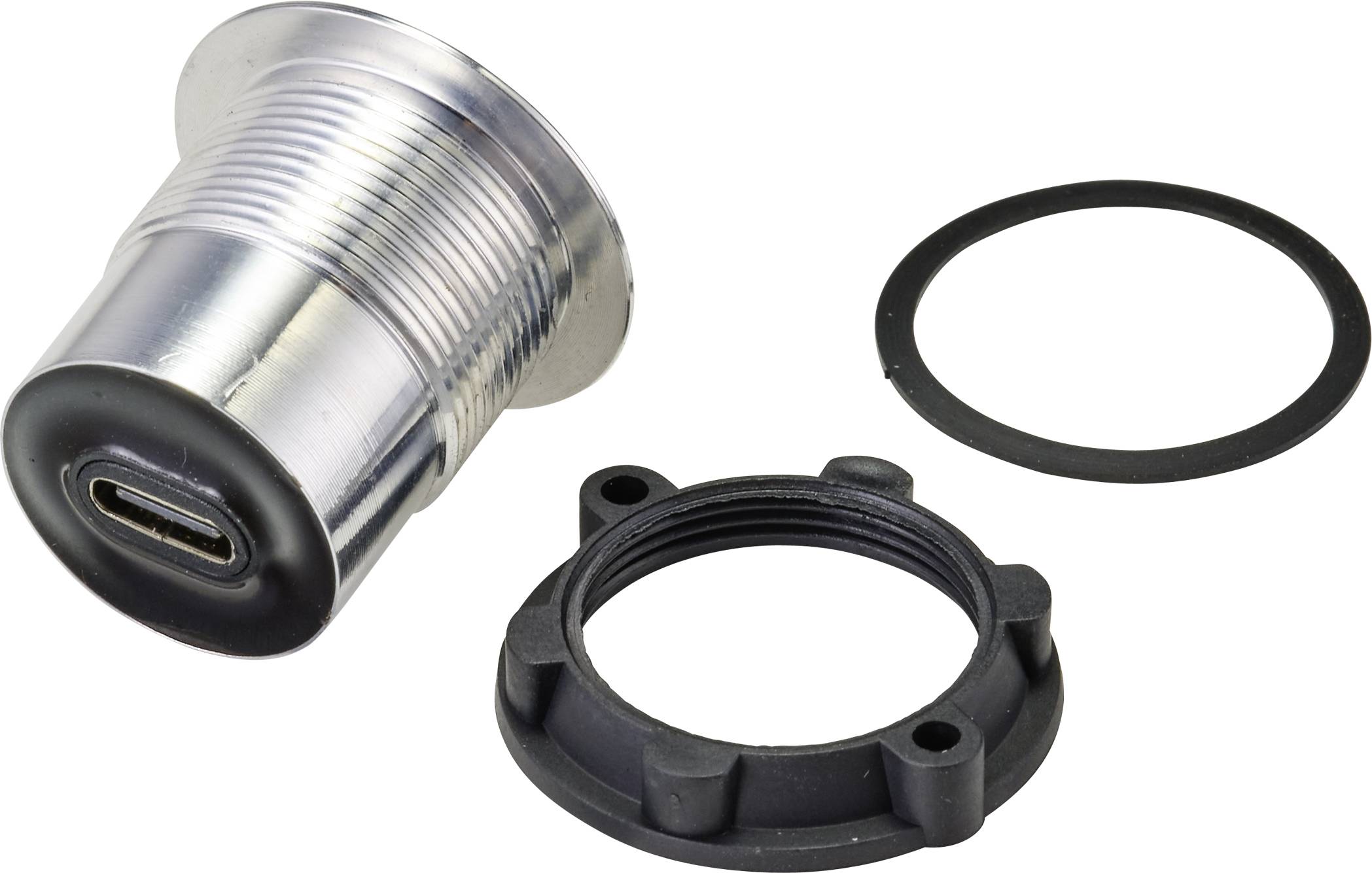 'Aluminium USB-C socket with black plastic cap, circular sealing ring and mounting ring, shown from the side.'