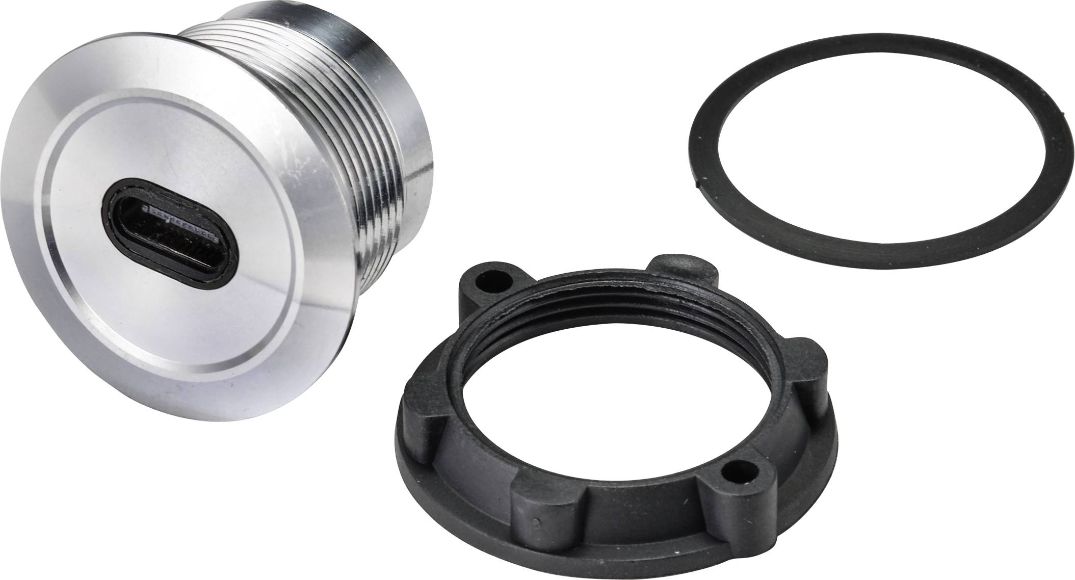 Metallic USB-C socket with mounting ring and seal, suitable for installation in devices and enclosures.