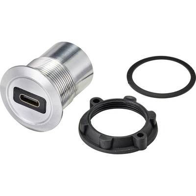 Metallic USB-C connector with mounting adapter and seal, suitable for panel mounting, for secure device connection.