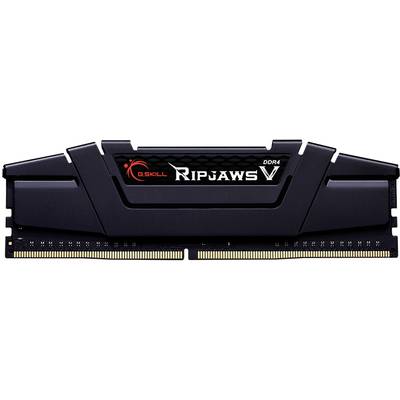A G.SKILL DDR4 RAM module with 'Ripjaws V' inscription, black with a red logo, for computer upgrades.