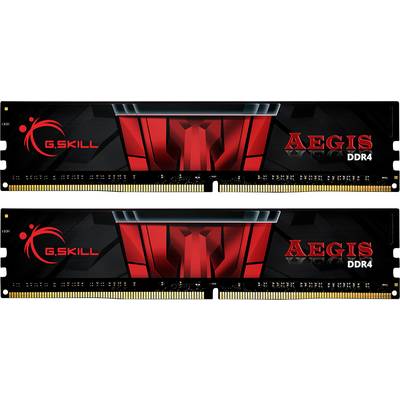 Two G.Skill Aegis DDR4 RAM modules with a red and black design and gold-coloured contacts.