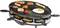 A raclette grill with various grill plates, featuring meat, prawns, an egg and vegetables. Underneath are small dishes with melted cheese.