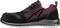 Black safety shoe with red accents and non-slip sole, suitable for workplace protection in industrial environments.