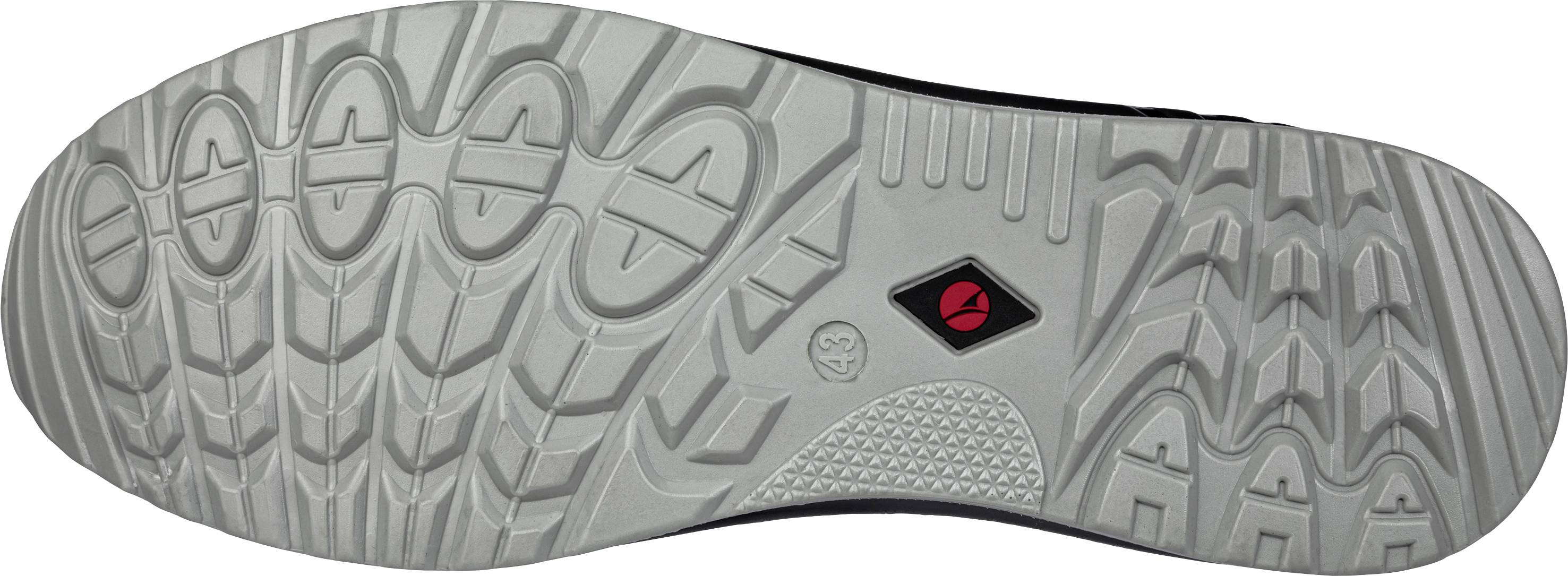 Shoe sole with a complex profile for improved grip. Contains a red logo in the centre. Suitable for slippery surfaces.