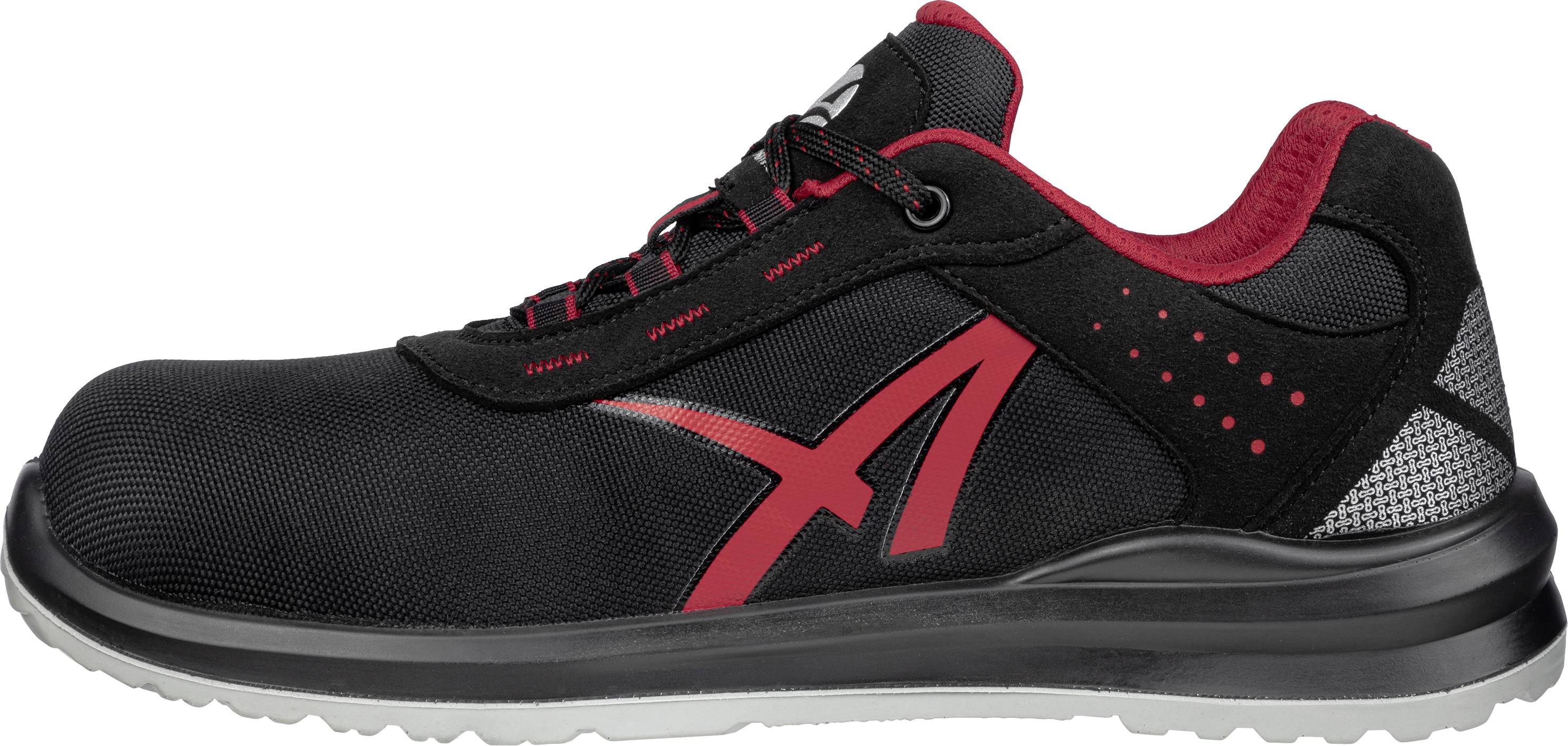 Black sports shoe with red logo on the side and red details. Suitable for leisure and sporting activities.