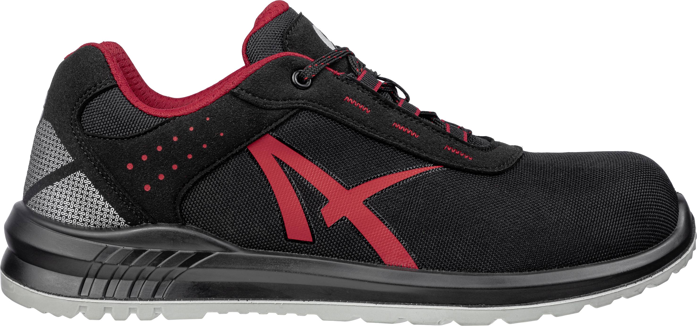 A black sports trainer with red accents and a grey sole. A red 'A' logo is visible on the side.