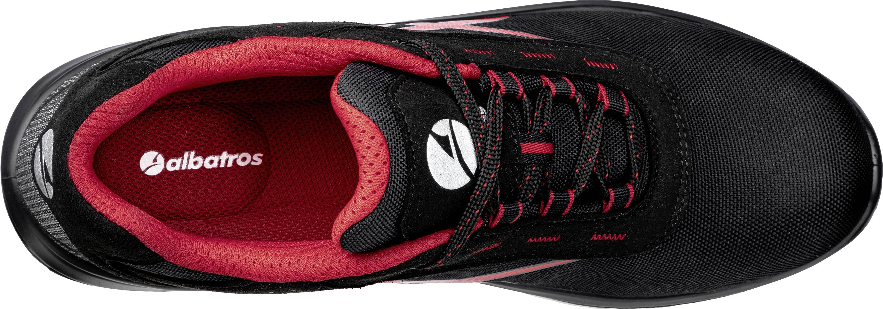 Black casual shoe viewed from above, with red inner lining and laces. 'Albatros' logo visible inside.