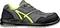 Grey safety shoe with black and neon green accents. Robust sole and lacing provide protection and comfort.