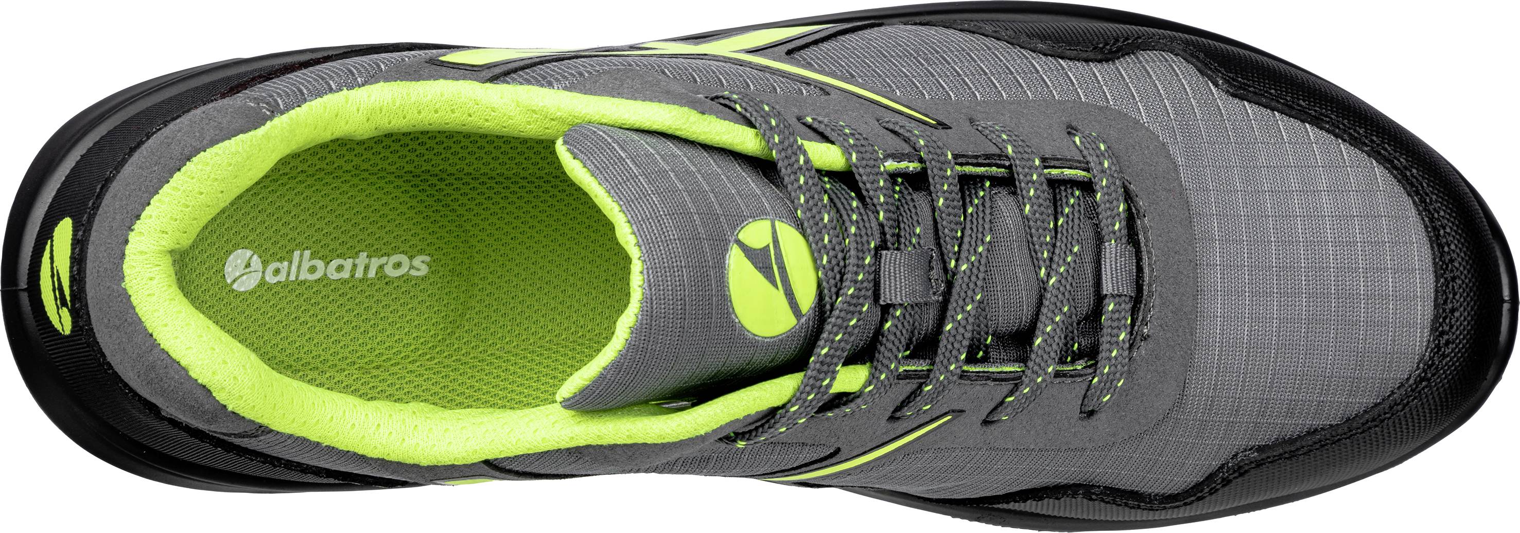 Grey sports shoe viewed from above, with green inner lining and laces. 'Albatros' brand logo on the insole.