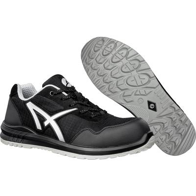 Black sports trainers with white logo and grey sole, designed for comfort and style.